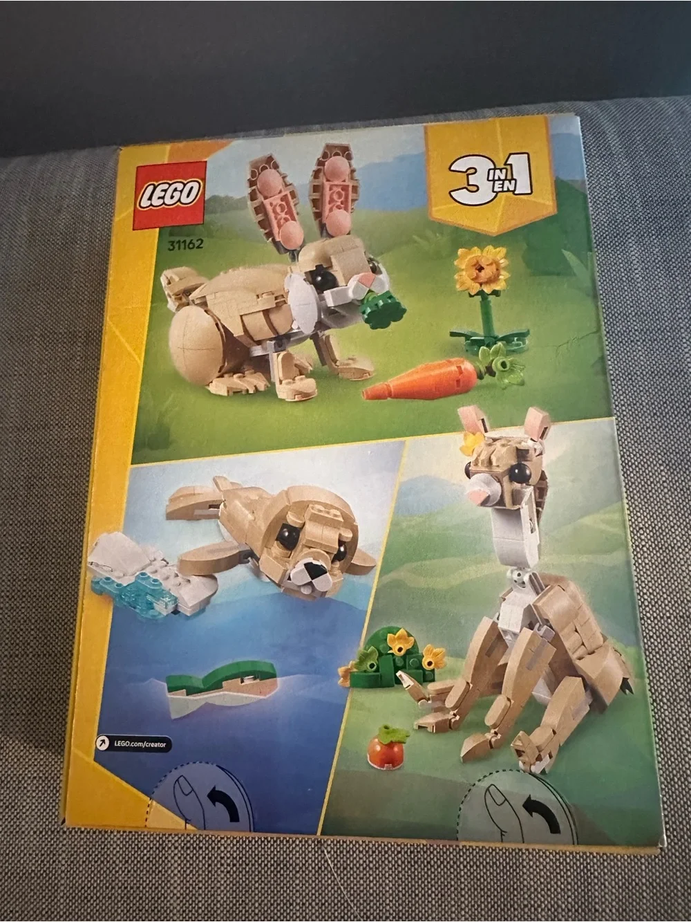 Lego Tan and White Bunny with Orange Carrot and Yellow Flower
